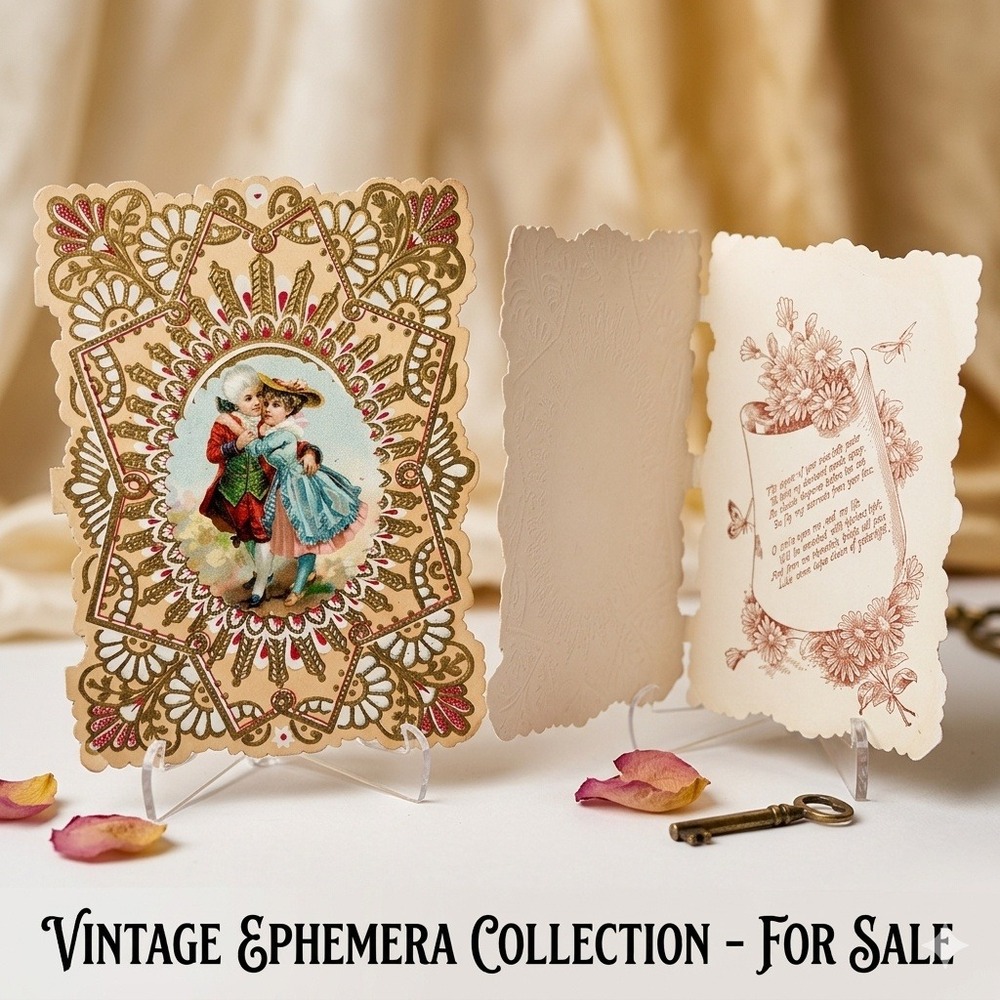 Antique Victorian Die Cut Greeting Card Embossed Gold Gilt Couple Ephemera 1800s